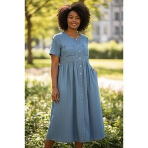 Faded Glory Denim Midi Dress Womens Blue Button Front Prairie Cottagecore pocket
